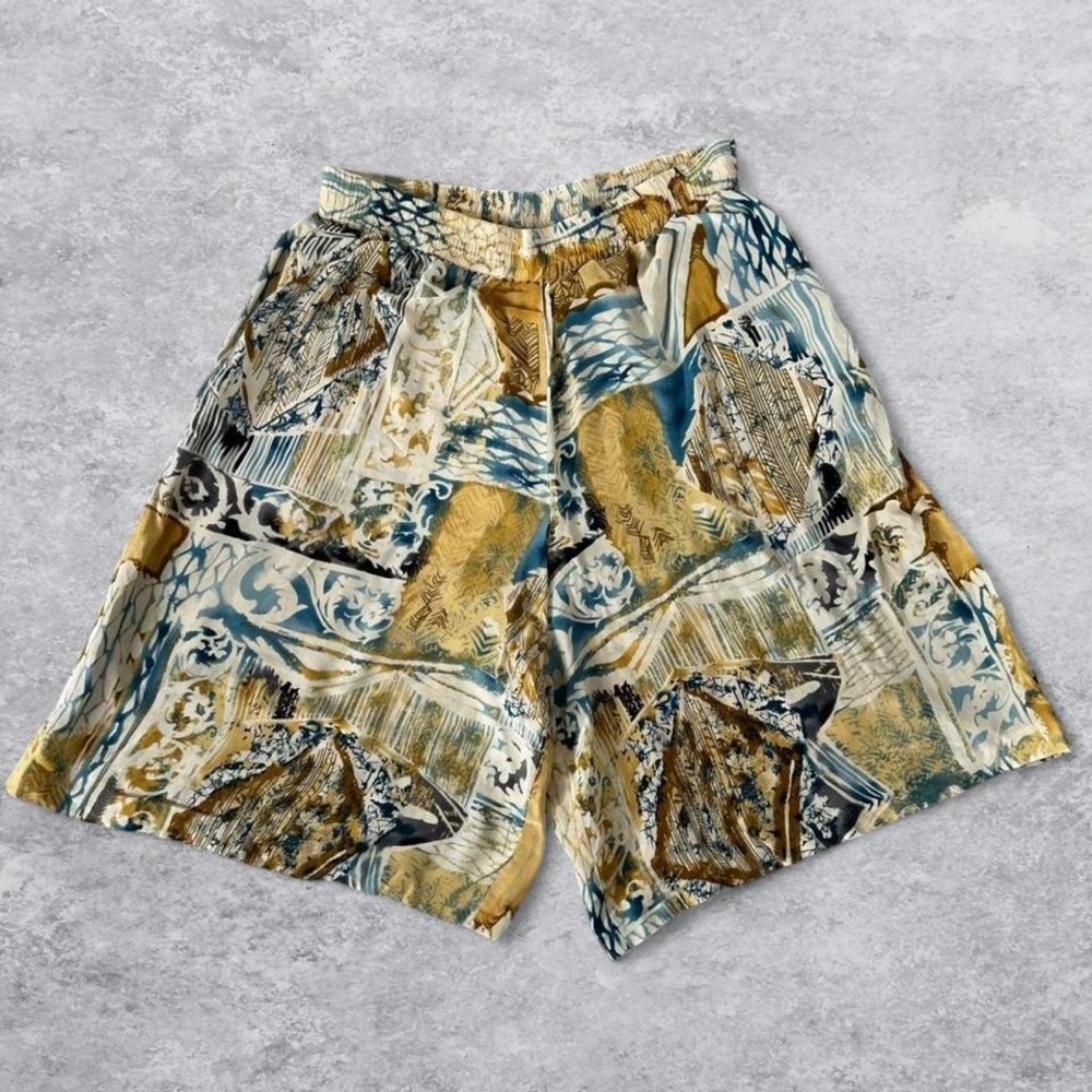 Galinda Womens 100% Silk Abstract Print Wide Leg Shorts Blue Mustard Small 90s